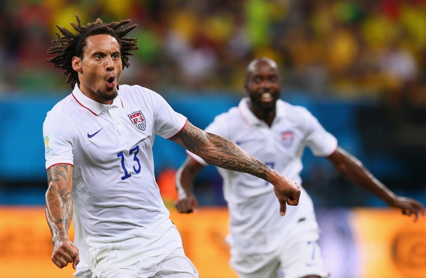 Jermaine Jones of the United States celebrates after scoring his team's first goal during the 2014 FIFA World Cup Brazil Group G match between the United States and Portugal at Arena Amazonia on June 22, 2014 in Manaus, Brazil. (Photo by Kevin C. Cox/Getty Images)