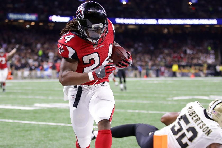 Devonta Freeman #24 of the Atlanta Falcons reacts after scoring a touchdown against the New Orleans Saints at the Mercedes-Benz Superdome on September 26, 2016 in New Orleans, Louisiana. (Chris Graythen/Getty Images)