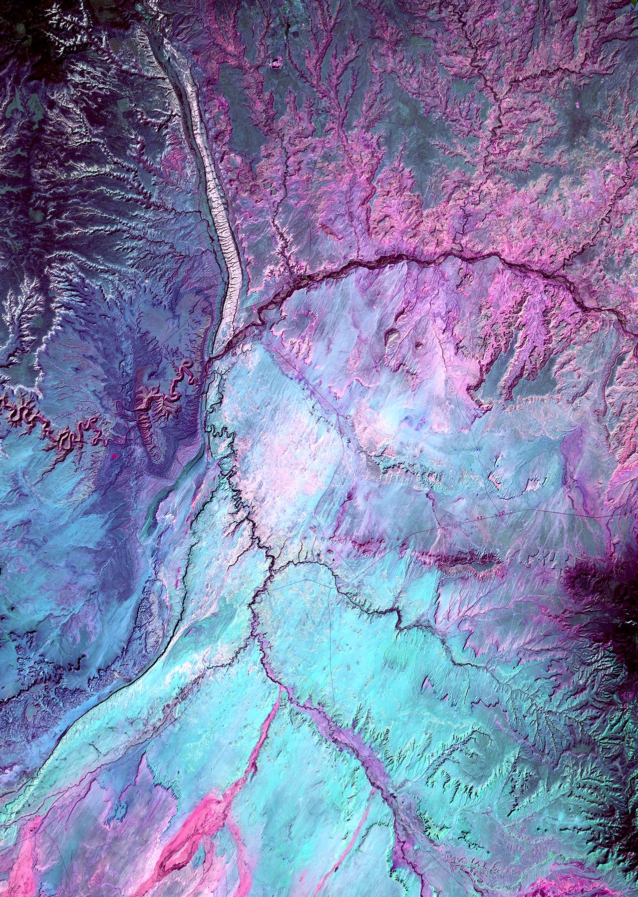 What looks like lightning arcing through an ominous cloud is actually a dry landscape of rocky buttes in southern Utah and northeastern Arizona. River channels flow north from Arizona into the San Juan River. The light vertical feature at the top of the image is referred to as Comb Ridge, a jagged fold in the Earth's crust called a monocline. (USGS/NASA)