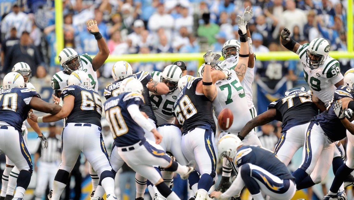 SAN DIEGO - JANUARY 17: Nate Kaeding #10 of the San Diego Chargers misses a field goal at the end of the second quarter against the New York Jets during AFC Divisional Playoff Game at Qualcomm Stadium on January 17, 2010 in San Diego, California.The Jets defeated the Chargers 17-14. (Photo by Rob Tringali/Sportschrome/Getty Images)