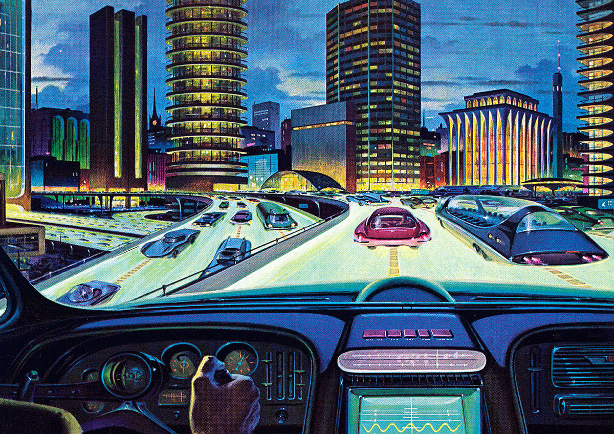 Vintage illustration of an 'electronic car of tomorrow' driving on a city highway, with electronic display and guidance, 1950s. Screen print. (Illustration by GraphicaArtis/Getty Images)