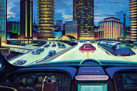 Vintage illustration of an 'electronic car of tomorrow' driving on a city highway, with electronic display and guidance, 1950s. Screen print. (Illustration by GraphicaArtis/Getty Images)