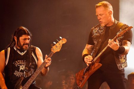LAS VEGAS, NV - MAY 09:  Musicians Robert Trujillo (L) and James Hetfield of Metallica perform onstage during Rock in Rio USA at the MGM Resorts Festival Grounds on May 9, 2015 in Las Vegas, Nevada.  (Photo by Kevin Mazur/Getty Images)