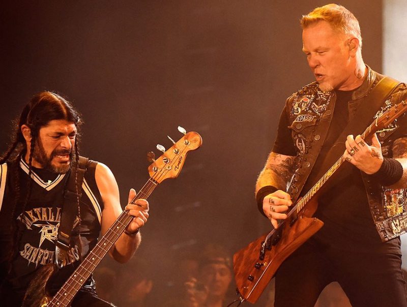 LAS VEGAS, NV - MAY 09: Musicians Robert Trujillo (L) and James Hetfield of Metallica perform onstage during Rock in Rio USA at the MGM Resorts Festival Grounds on May 9, 2015 in Las Vegas, Nevada. (Photo by Kevin Mazur/Getty Images)