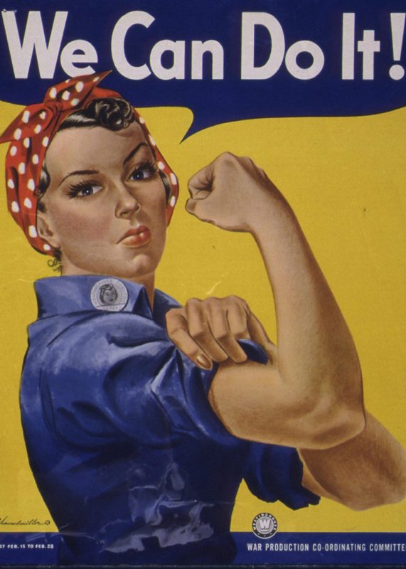 Classic wartime poster featuring Rosie the Riveter, with the caption We Can Do It!, 1942 Image courtesy National Archives. (Photo by Smith Collection/Gado/Getty Images).