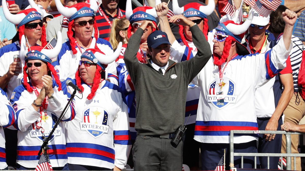 CHASKA, MN - OCTOBER 02: Vice-captain Bubba Watson of the United States cheers with fans in the first grandstand during singles matches of the 2016 Ryder Cup at Hazeltine National Golf Club on October 2, 2016 in Chaska, Minnesota.  (Photo by Streeter Lecka/Getty Images)