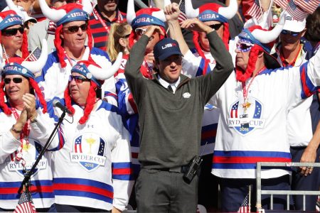 CHASKA, MN - OCTOBER 02: Vice-captain Bubba Watson of the United States cheers with fans in the first grandstand during singles matches of the 2016 Ryder Cup at Hazeltine National Golf Club on October 2, 2016 in Chaska, Minnesota.  (Photo by Streeter Lecka/Getty Images)