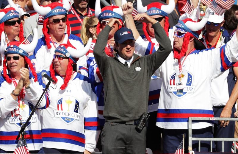 CHASKA, MN - OCTOBER 02: Vice-captain Bubba Watson of the United States cheers with fans in the first grandstand during singles matches of the 2016 Ryder Cup at Hazeltine National Golf Club on October 2, 2016 in Chaska, Minnesota. (Photo by Streeter Lecka/Getty Images)