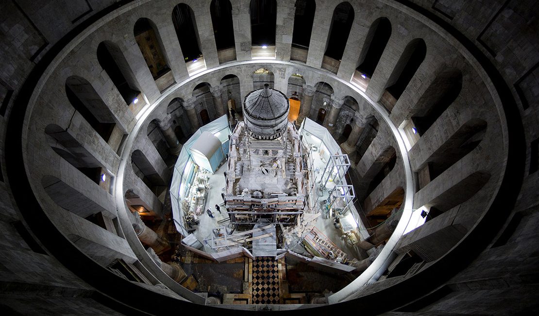 The shrine that houses the traditional burial place of Jesus Christ is undergoing restoration inside the Church of the Holy Sepulchre in Jerusalem. (Oded Balilty/National Geographic)