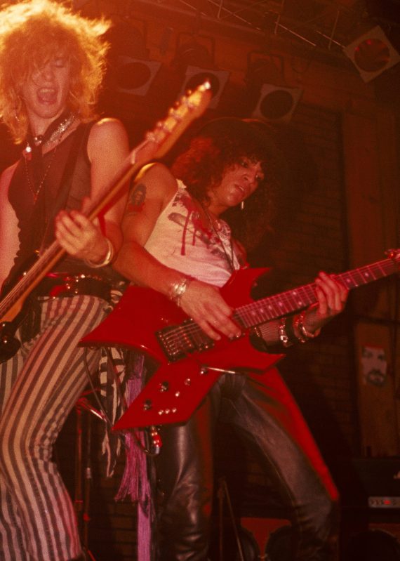 LOS ANGELES - JUNE 6:  (L-R) Duff McKagan and Slash of the rock band 'Guns n' Roses' perform onstage at the Troubadour with the "Appettite for Destruction" lineup together for the first time on June 6, 1985 in Los Angeles, California. (Photo by Marc S Canter/Michael Ochs Archives/Getty Images)