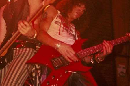 LOS ANGELES - JUNE 6:  (L-R) Duff McKagan and Slash of the rock band 'Guns n' Roses' perform onstage at the Troubadour with the "Appettite for Destruction" lineup together for the first time on June 6, 1985 in Los Angeles, California. (Photo by Marc S Canter/Michael Ochs Archives/Getty Images)