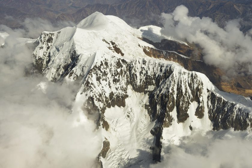 Peak of the Illimani Glacier as seen from an aircraft, near La Paz, Bolivia