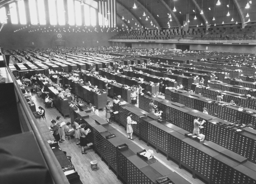 Overall view of large file room at FBI headquarters. (George Skadding/The LIFE Picture Collection/Getty Images)