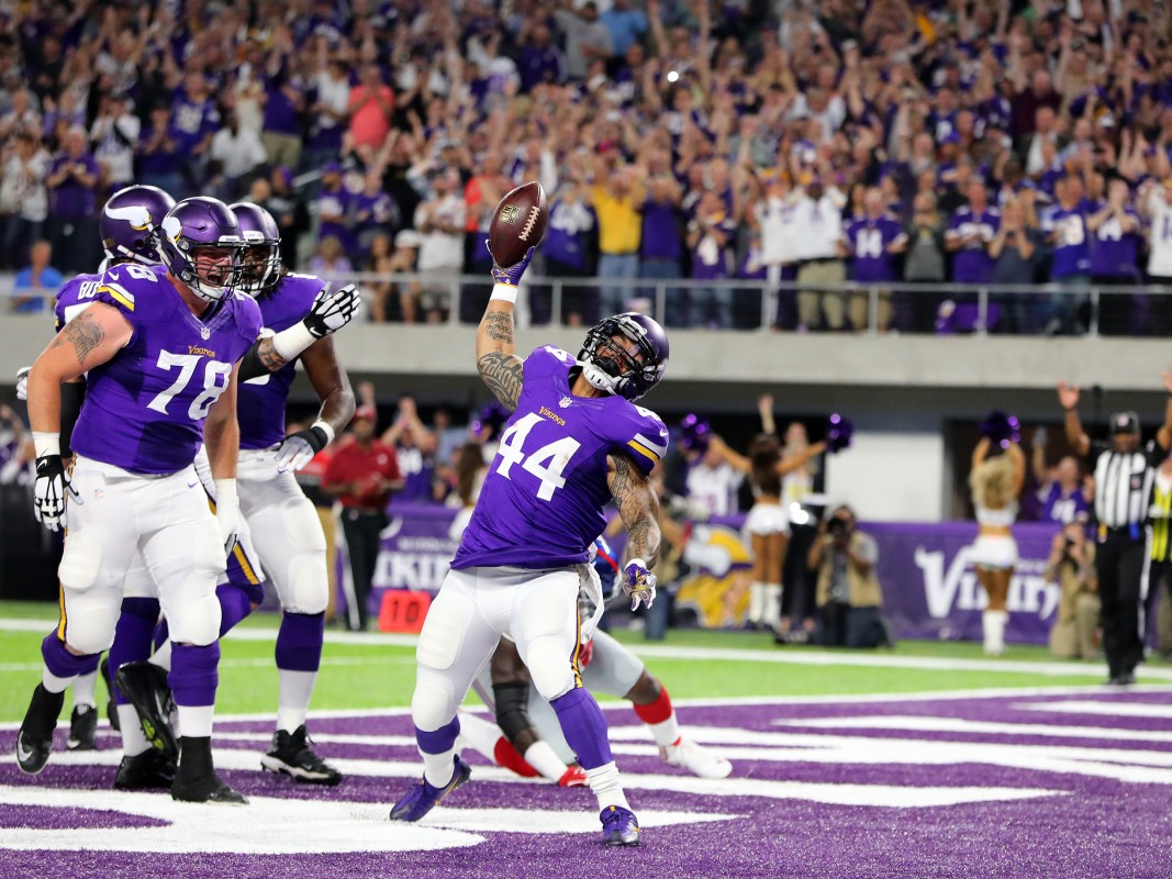 Matt Asiata #44 of the Minnesota Vikings rushes for a touchdown in the first quarter of the game against the New York Giants on October 3, 2016 at US Bank Stadium in Minneapolis, Minnesota. (Adam Bettcher/Getty Images)