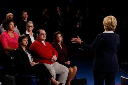 US Democratic presidential candidate Hillary Clinton speaks during the second presidential debate with Ken Bone (center) at Washington University in St. Louis, Missouri, on October 9, 2016. (Jim Bourg/AFP/Getty Images)