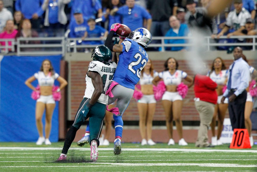 Detroit Lions cornerback Darius Slay (23) intercepts a pass intended to Philadelphia Eagles wide receiver Nelson Agholor (17) during the ffourth quaretr of an NFL football game in Detroit, Michigan USA, on Sunday, October 9, 2016. (Jorge Lemus/NurPhoto via Getty Images)
