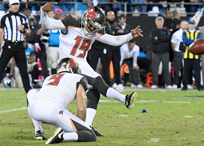 Roberto Aguayo #19 of the Tampa Bay Buccaneers kicks the game-winning field goal as time expires against the Carolina Panthers during the game at Bank of America Stadium on October 10, 2016 in Charlotte, North Carolina. The Buccaneers won 17-14. (Grant Halverson/Getty Images)