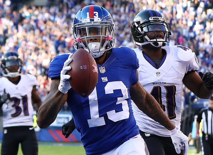 Odell Beckham #13 of the New York Giants scores the go ahead touchdown against the Baltimore Ravens in the fourth quarter with the Giants winning 27-23 during their game at MetLife Stadium on October 16, 2016 in East Rutherford, New Jersey. (Al Bello/Getty Images)