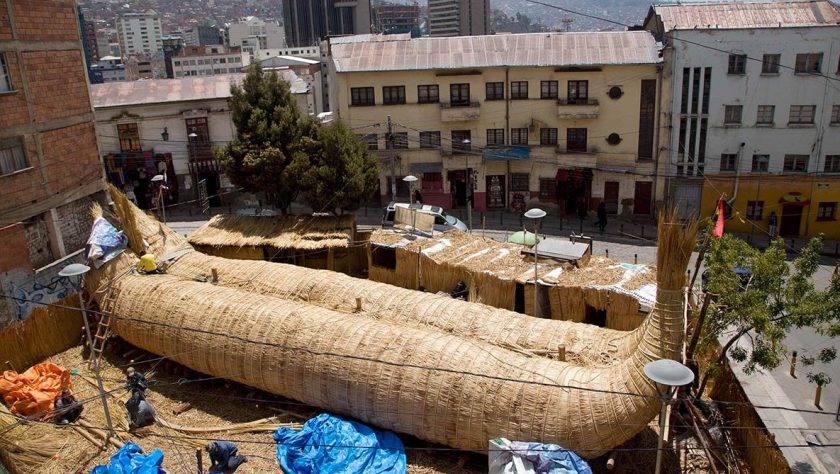 Workers continue construction of a reed boat built by Bolivian Aymara Indians in La Paz, Bolivia, Wednesday, Oct. 19, 2016. (Juan Karita/AP)