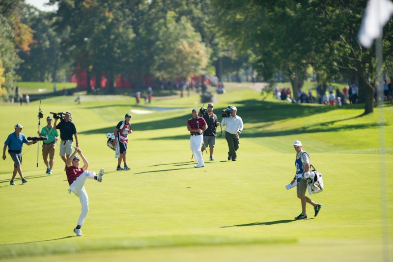 CHASKA, MINNESOTA - OCTOBER 1: Jordan Spieth and Patrick Reed of the United States celebrate Patrick's shot on the sixth hole during the fourball matches for the 41st Ryder Cup at Hazeltine National Golf Course on October 1, 2016 in Chaska, MN. (Photo by Montana Pritchard/PGA of America via Getty Images)