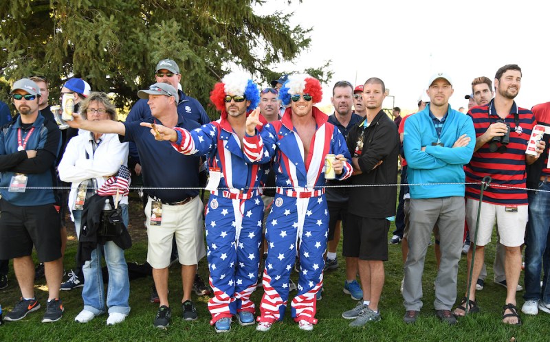 CHASKA, MN - SEPTEMBER 30: Fans look on during afternoon fourball matches of the 2016 Ryder Cup at Hazeltine National Golf Club on September 30, 2016 in Chaska, Minnesota. (Photo by Ross Kinnaird/Getty Images)