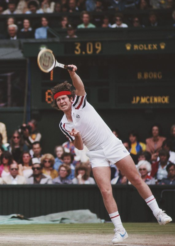 John McEnroe of the United States serves during the Men's Singles Final match against Bjorn Borg at the Wimbledon Lawn Tennis Championship on 6 July 1980 at the All England Lawn Tennis and Croquet Club in Wimbledon in London, England. (Photo by Steve Powell/Getty Images)