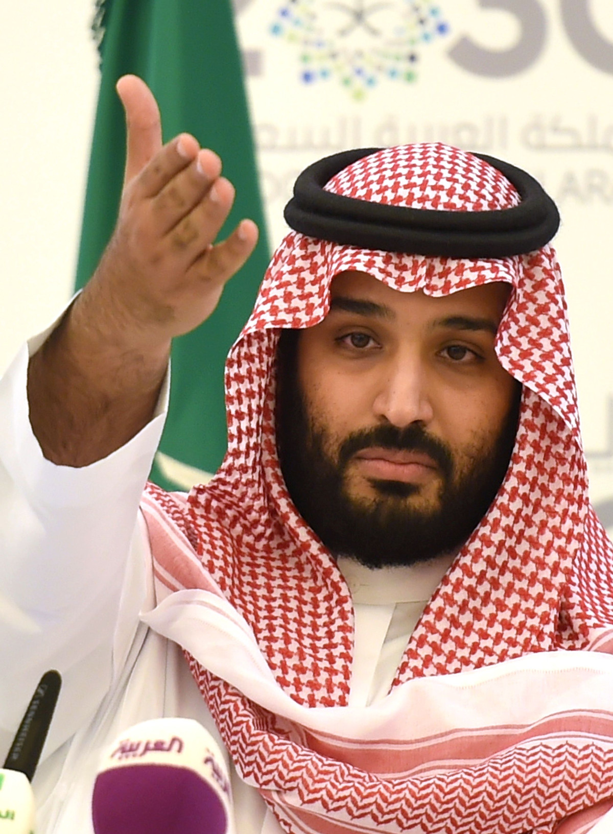 Saudi Defense Minister and Deputy Crown Prince Mohammed bin Salman gestures during a press conference in Riyadh, on April 25, 2016 (FAYEZ NURELDINE/AFP/Getty Images)