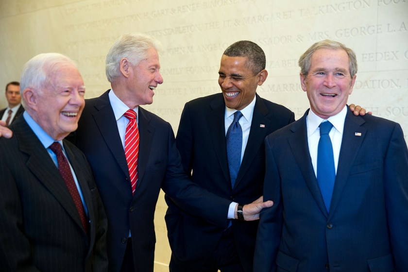 "Four Presidents. One funny story. Presidents Carter, Clinton, Obama and Bush wait backstage to be introduced during the dedication of the George W. Bush Presidential Library and Museum on the campus of Southern Methodist University in Dallas." (Official White House Photo by Pete Souza)