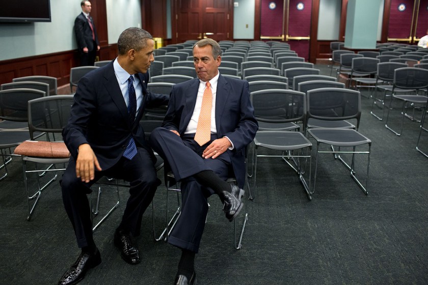 "The President talks with House Speaker John Boehner after the President participated in a Q&A with the House Republican Conference at the U.S. Capitol." (Official White House Photo by Pete Souza)