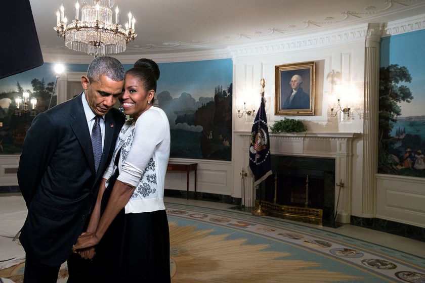 "The First Lady snuggled against the President during a video taping for the 2015 World Expo in the Diplomatic Reception Room of the White House." (Official White House Photo by Amanda Lucidon)