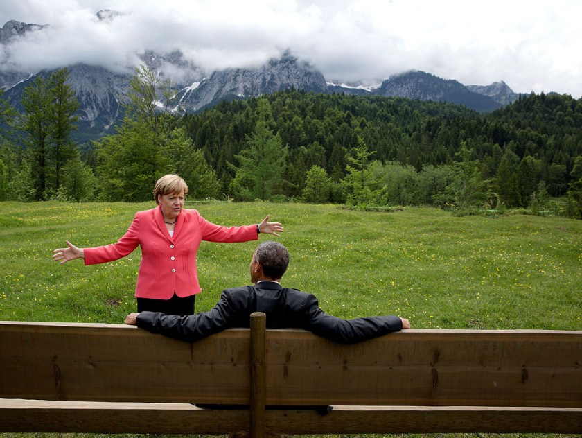 "We were at the G7 Summit in Krün, Germany. Chancellor Angela Merkel asked the leaders and outreach guests to make their way to a bench for a group photograph. The President happened to sit down first, followed closely by the Chancellor. I only had time to make a couple of frames before the background was cluttered with other people." (Official White House Photo by Pete Souza)