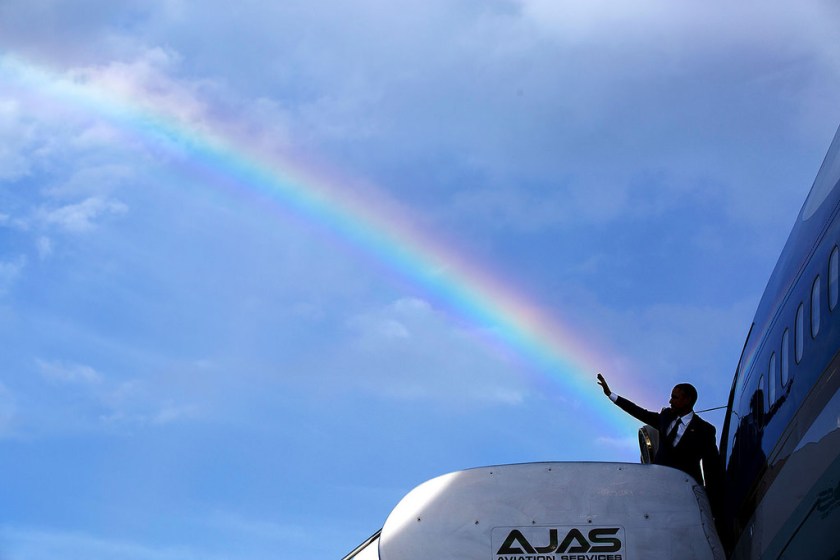 "The President's wave aligns with a rainbow as he boards Air Force One at Norman Manley International Airport prior to departure from Kingston, Jamaica." (Official White House Photo by Pete Souza)
