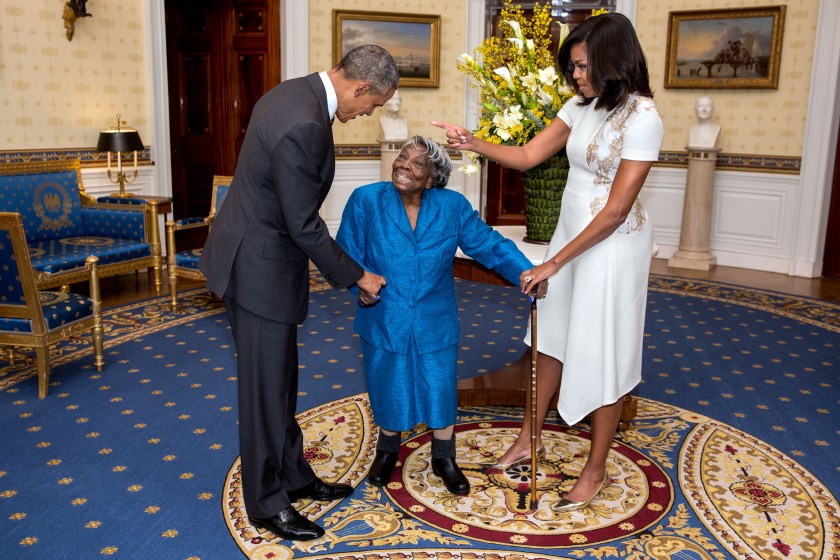 President Barack Obama and First Lady Michelle Obama greet 106-Year-Old Virginia McLaurin during a photo line in the Blue Room of the White House prior to a reception celebrating African American History Month, Feb. 18, 2016. (Official White House Photo by Lawrence Jackson)