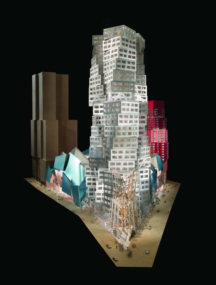 Frank Gehry's 2003 proposal for the Atlantic Yards project, with his imagined version of the Barclay's Center in blue behind the skyscraper. (Metropolitan Books)