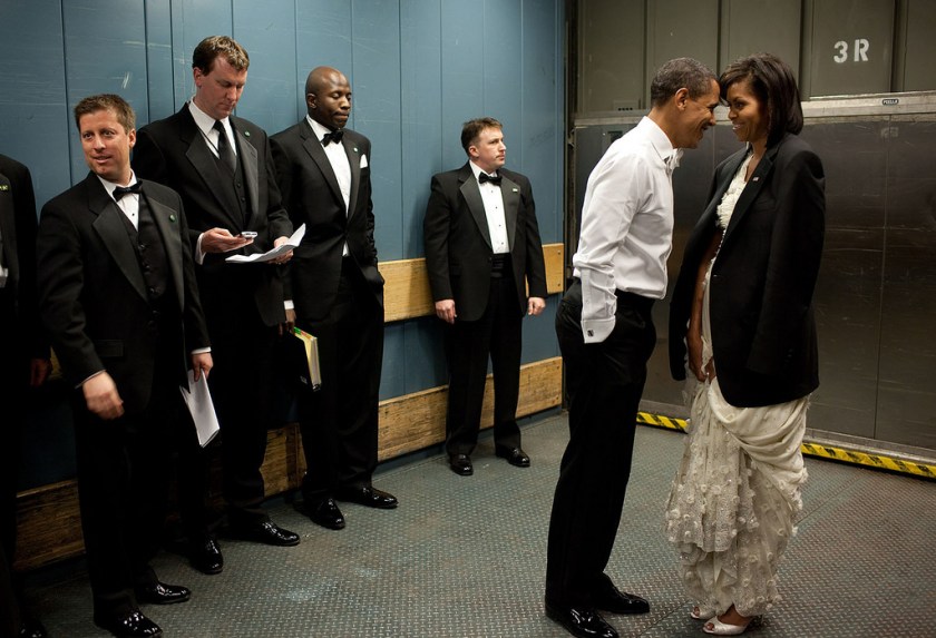 “We were on a freight elevator headed to one of the Inaugural Balls. It was quite chilly, so the President removed his tuxedo jacket and put it over the shoulders of his wife. Then they had a semi-private moment as staff member and Secret Service agents tried not to look.” (Official White House photo by Pete Souza)