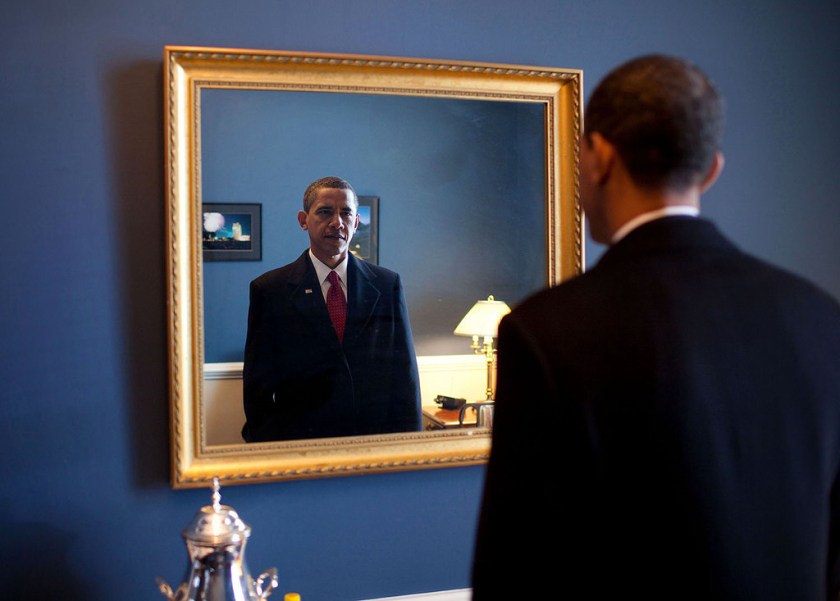 “President-elect Barack Obama was about to walk out to take the oath of office. Backstage at the U.S. Capitol, he took one last look at his appearance in the mirror.” (Official White House photo by Pete Souza)