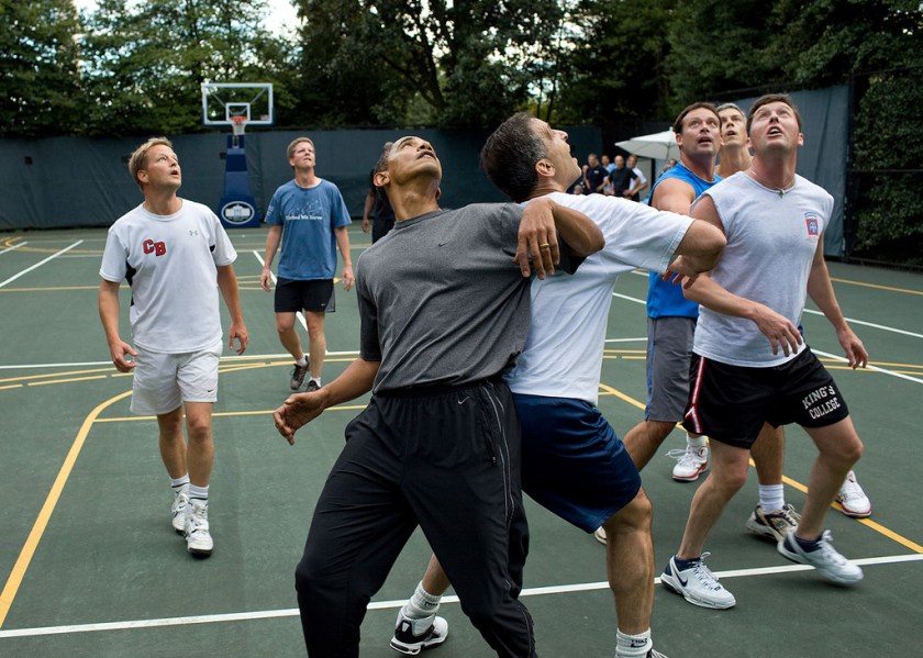 “The President jockeys for a rebound with Congressmen during a basketball game at the White House. I think opponents are always surprised at how tough and competitive he can be.” (Official White House photo by Pete Souza)