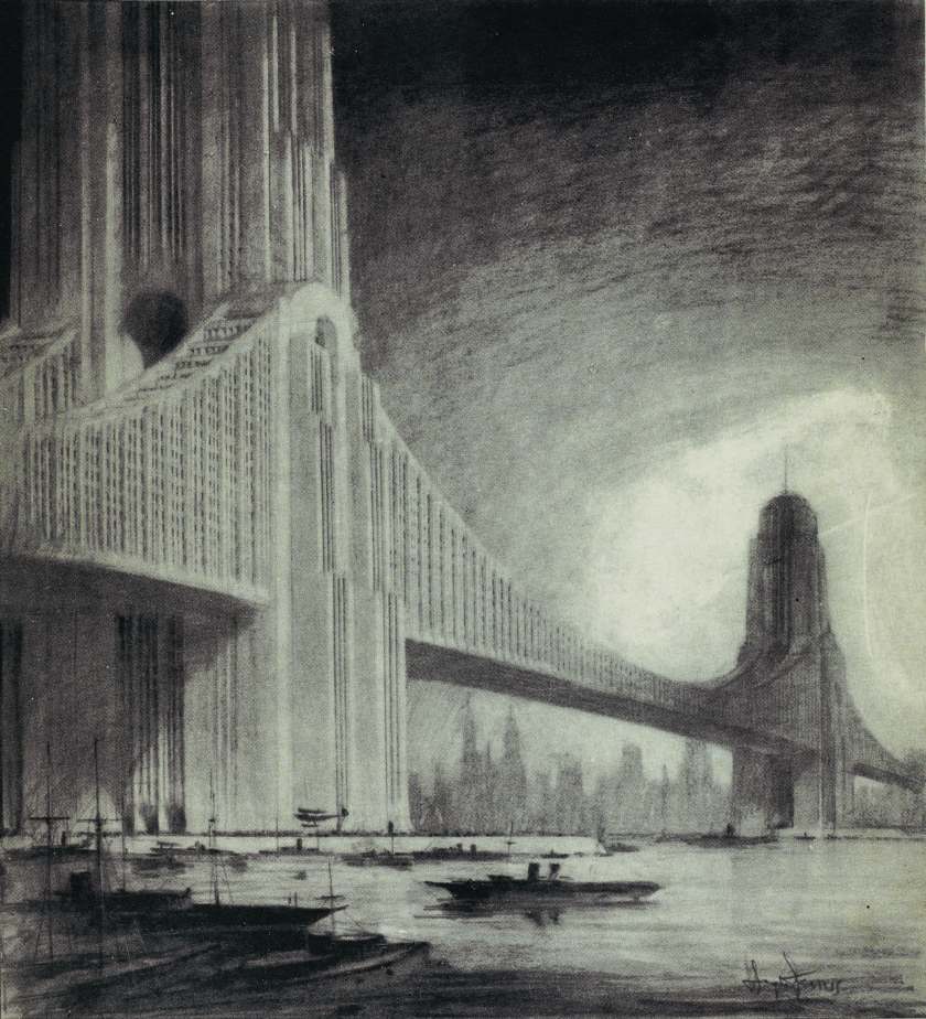 The architect behind many of NYC's landmarks like 30 Rockefeller, Raymond Hood proposed this bridge, with two 50-60 story apartment buildings on either side, as a solution for congestion. (Metropolitan Books)