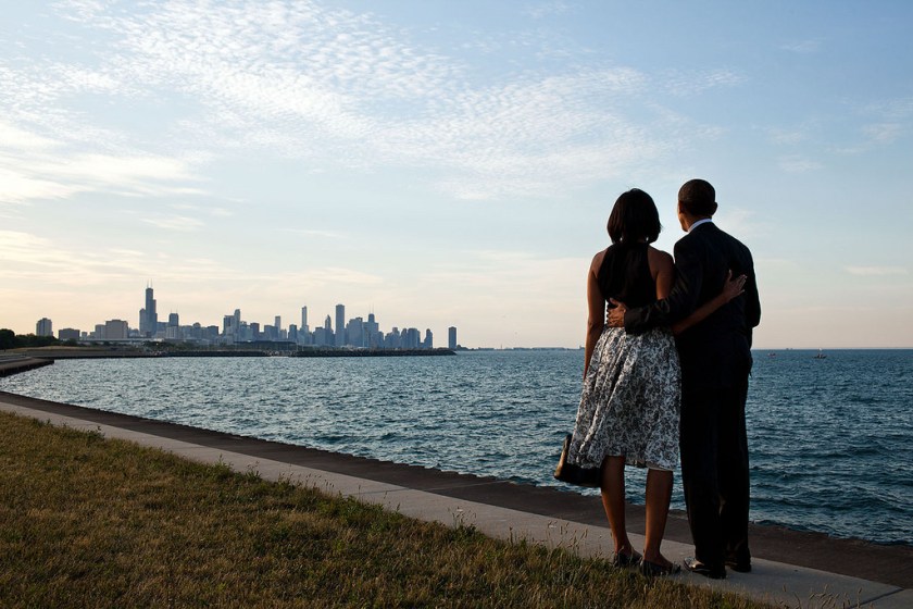 "We had just arrived at the helicopter landing zone in Chicago and instead of walking right to the motorcade, the President and First Lady walked past their vehicle to the edge of Lake Michigan to view the skyline of their home town." (Official White House Photo by Pete Souza)