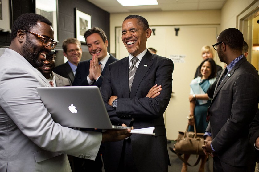 "We were backstage at the University of North Carolina in Chapel Hill for the President's appearance on 'Late Night with Jimmy Fallon.' The President let out a big laugh as he was being briefed by the producers and Mr. Fallon on the 'Slow Jam the News' segment." (Official White House Photo by Pete Souza)