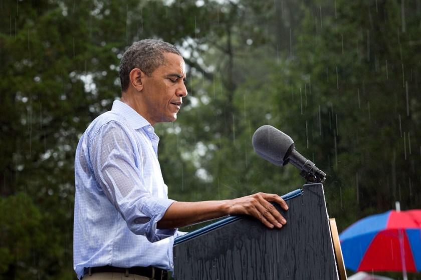 "The President delivers remarks in the pouring rain at a campaign event in Glen Allen, Va. He was supposed to do a series of press interviews inside before his speech, but since people had been waiting for hours in the rain he did his remarks as soon as he arrived at the site so people could go home to dry off ." (Official White House Photo by Pete Souza)