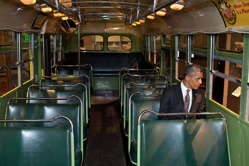 "We were doing an event at the Henry Ford Museum in Dearborn, Mich. Before speaking, the President was looking at some of the automobiles and exhibits adjacent to the event, and before I knew what was happening he walked onto the famed Rosa Parks bus. He sat in one of the seats, looking out the window for only a few seconds." (Official White House Photo by Pete Souza)