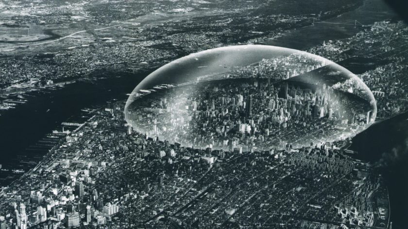R. Buckminster Fuller's Dome Over Manhhattan, proposed in July 1950, was a two-mile-diameter glass bubble centered over 42nd street. 