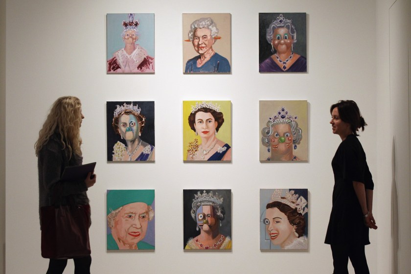 People view paintings by American artist George Condo entitled 'Dreams and Nightmares of The Queen', in the 'Mental States' exhibition of his work at The Hayward Gallery on October 17, 2011 in London, England. (Oli Scarff/Getty Images)