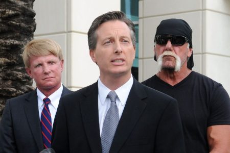 TV personality Terry Bollea aka Hulk Hogan (R) and his attorneys David Houston (L) and Charles Harder (C)  (Gerardo Mora/Getty Images)