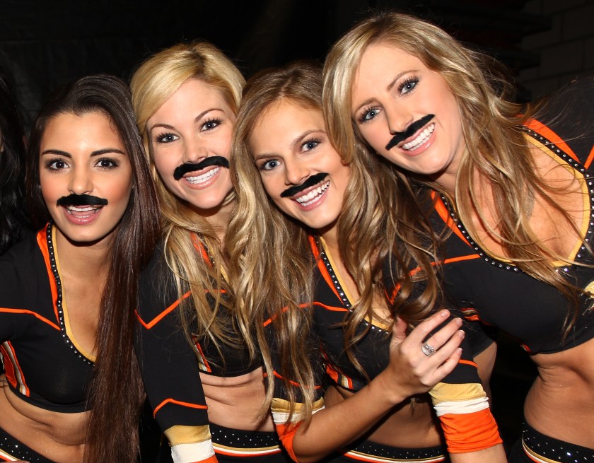 Members of the Anaheim Ducks Power Play pose for a photo during "Movember" before the game against the Calgary Flames on November 29, 2013 at Honda Center in Anaheim, California. (Debora Robinson/NHLI via Getty Images)