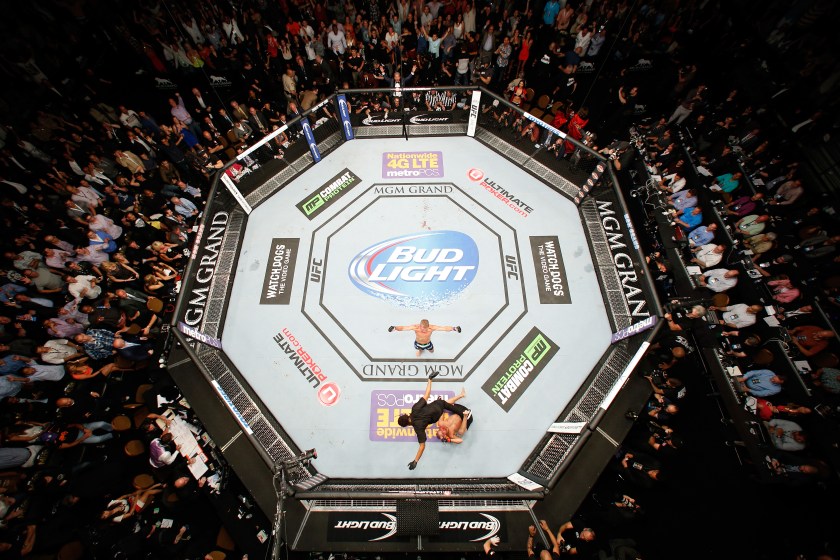 An overhead view of the Octagon as T.J. Dillashaw reacts after knocking out Renan Barao in the fifth round to win the UFC bantamweight championship during the UFC 173 event at the MGM Grand Garden Arena on May 24, 2014 in Las Vegas, Nevada. (Josh Hedges/Zuffa LLC/Zuffa LLC via Getty Images)