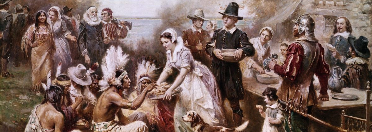 Painting by J.L.M. Ferris of the first Thanksgiving ceremony with Native Americans and the Pilgrims in 1621. (Getty Images)
