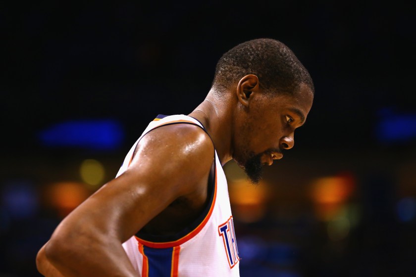 Kevin Durant #35 of the Oklahoma City Thunder reacts during the fourth quarter against the Golden State Warriors in game six of the Western Conference Finals. (Maddie Meyer/Getty Images)