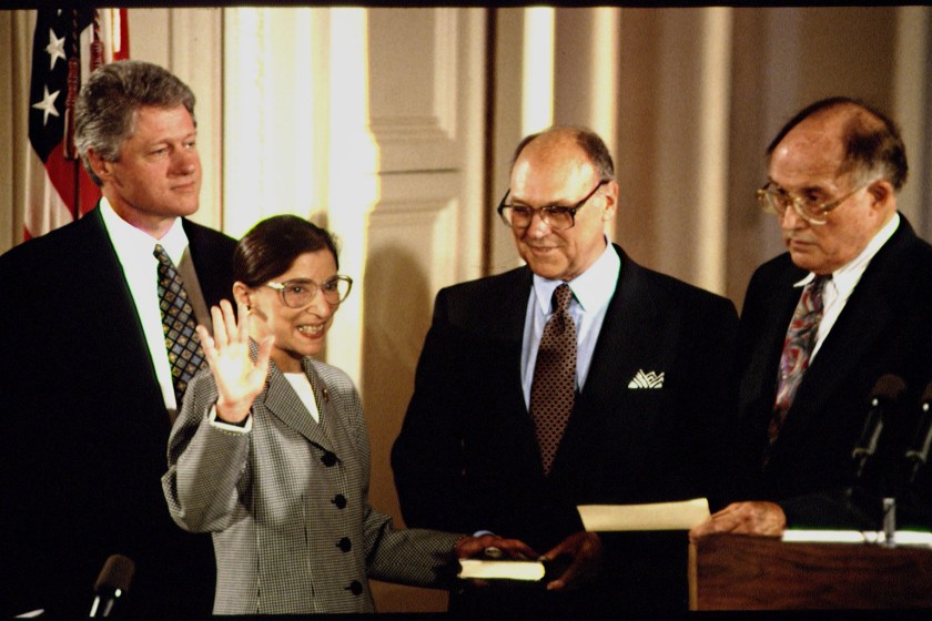 Ruth Bader Ginsburg taking the oath of office for the Supreme Court on August 10, 1993. She is the second woman, after Sandra Day O'Connor to sit on the Supreme Court. (Jeffrey Markowitz/Sygma via Getty Images)